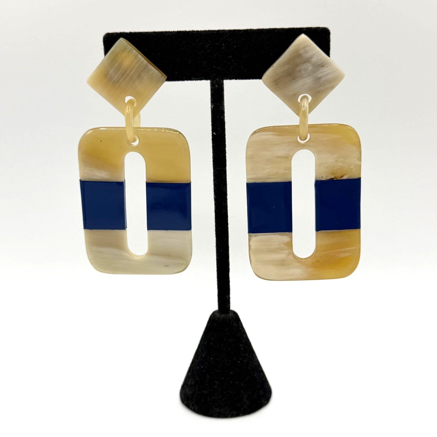 Geometric Blue & Beige Resin Dangle Earrings