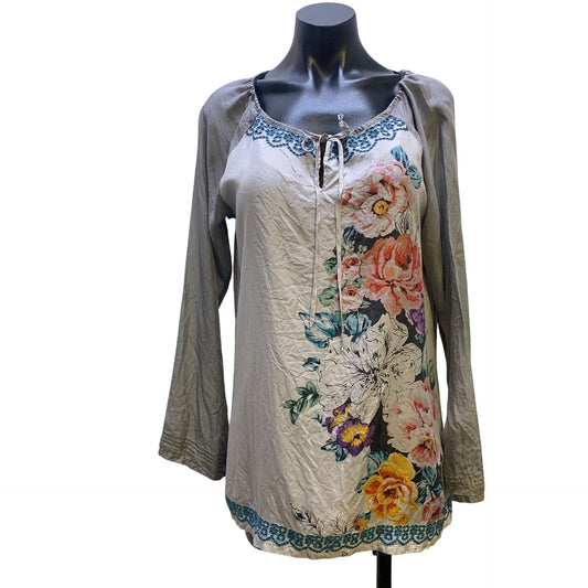 Johnny Was Grey & Multicolored Print Silk Blouse, Size Small
