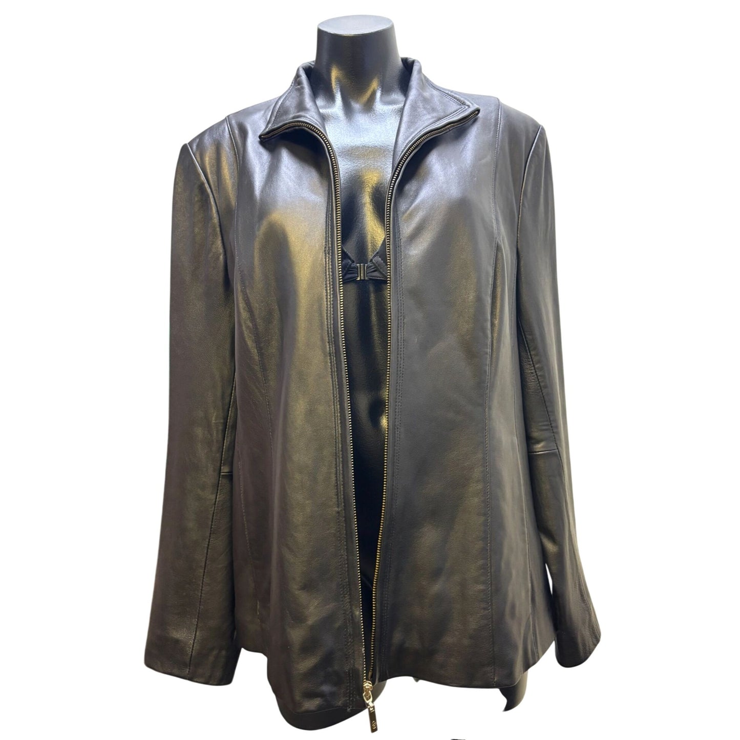 Black Cole Haan Lambskin Leather Zip Up Jacket XL