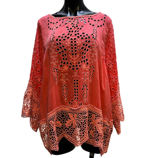 Johnny Was  Crochet Lace Tunic Top Red L