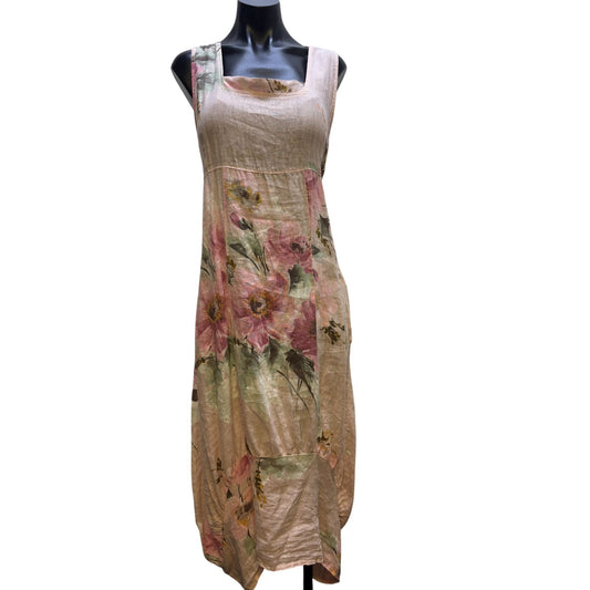 Made In Italy Vintage Italian Floral Linen Dress Sleeveless Square Neck M\L