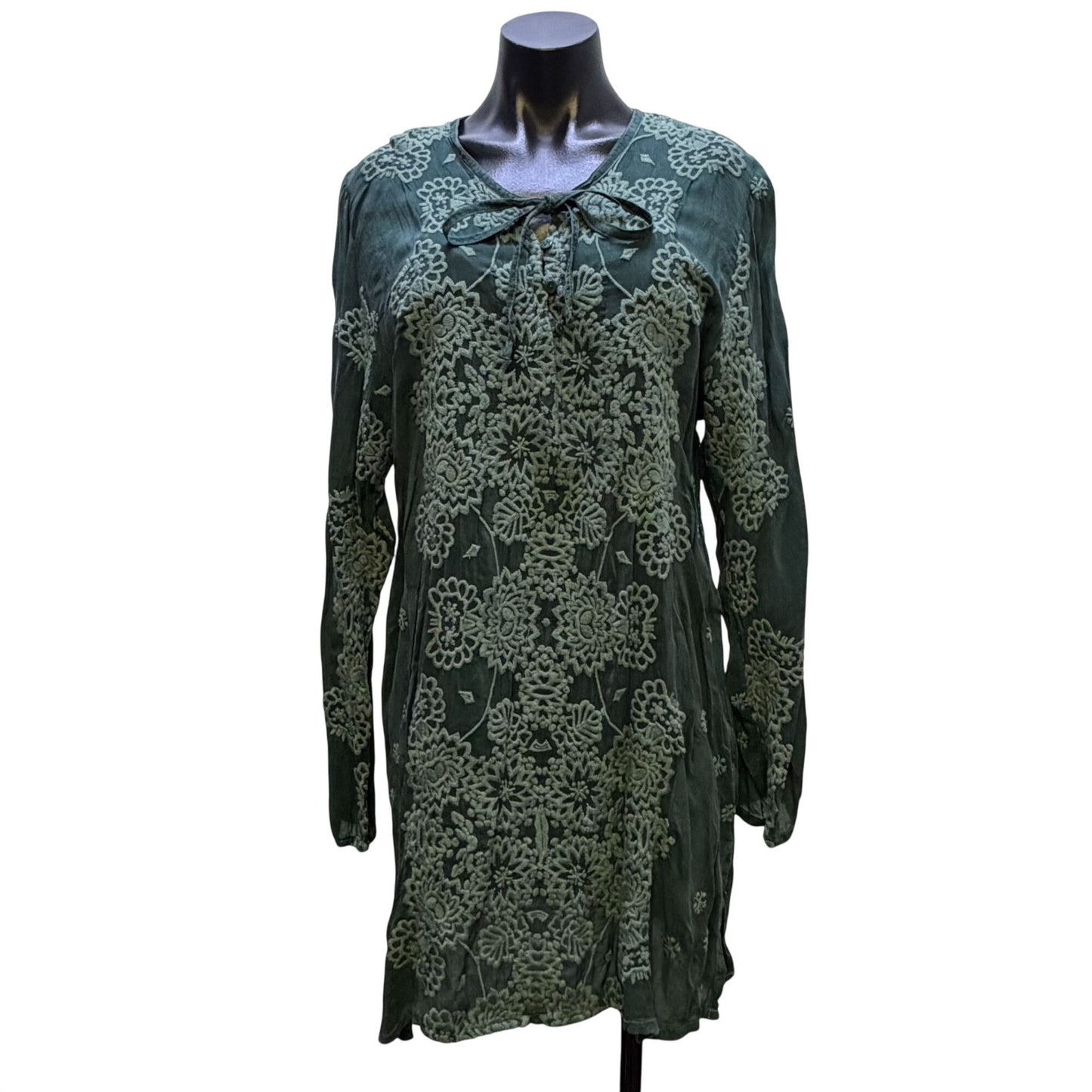Johnny Was Green Embroidered Long Sleeve Silk Tunic Top Size L
