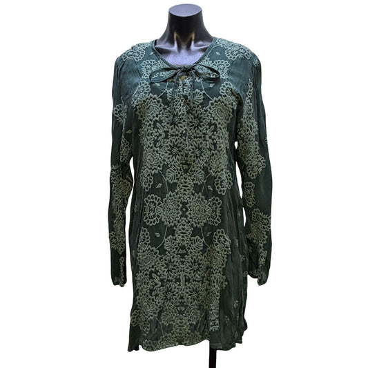 Johnny Was Green Embroidered Long Sleeve Silk Tunic Top Size L