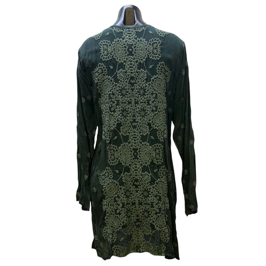 Johnny Was Green Embroidered Long Sleeve Silk Tunic Top Size L