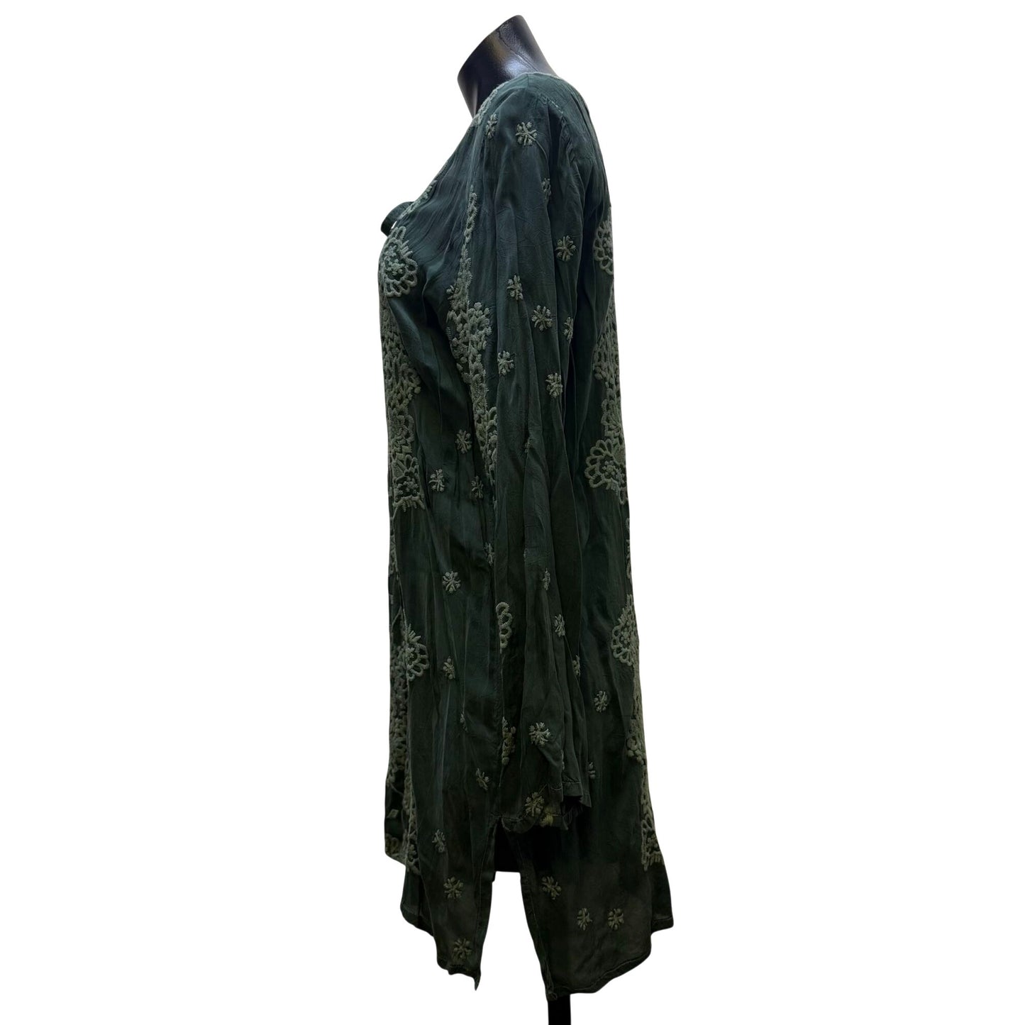 Johnny Was Green Embroidered Long Sleeve Silk Tunic Top Size L