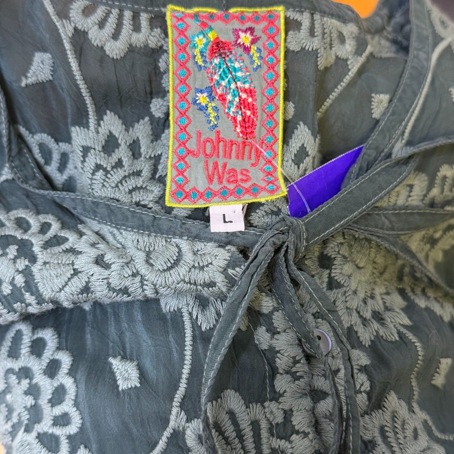 Johnny Was Green Embroidered Long Sleeve Silk Tunic Top Size L