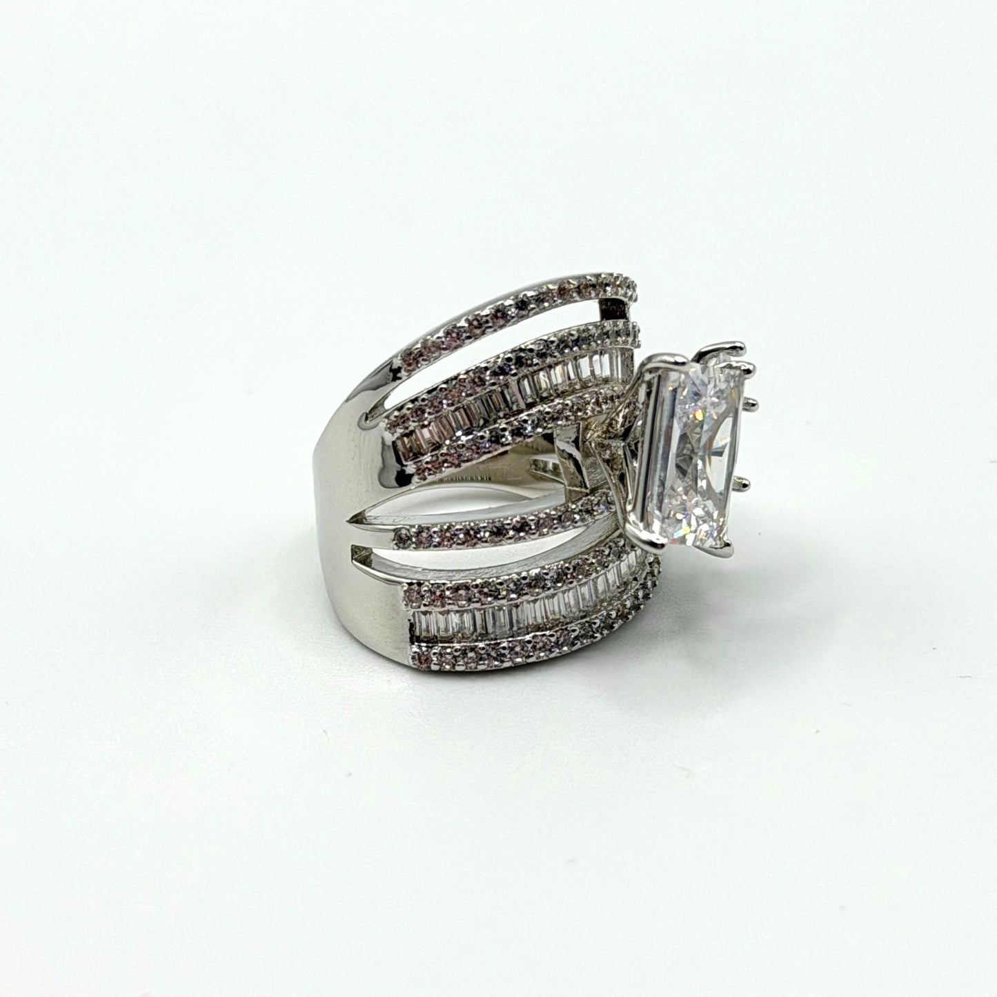 Jzora Multi-Stone Wide Band Silver-Tone Ring Size 5.5