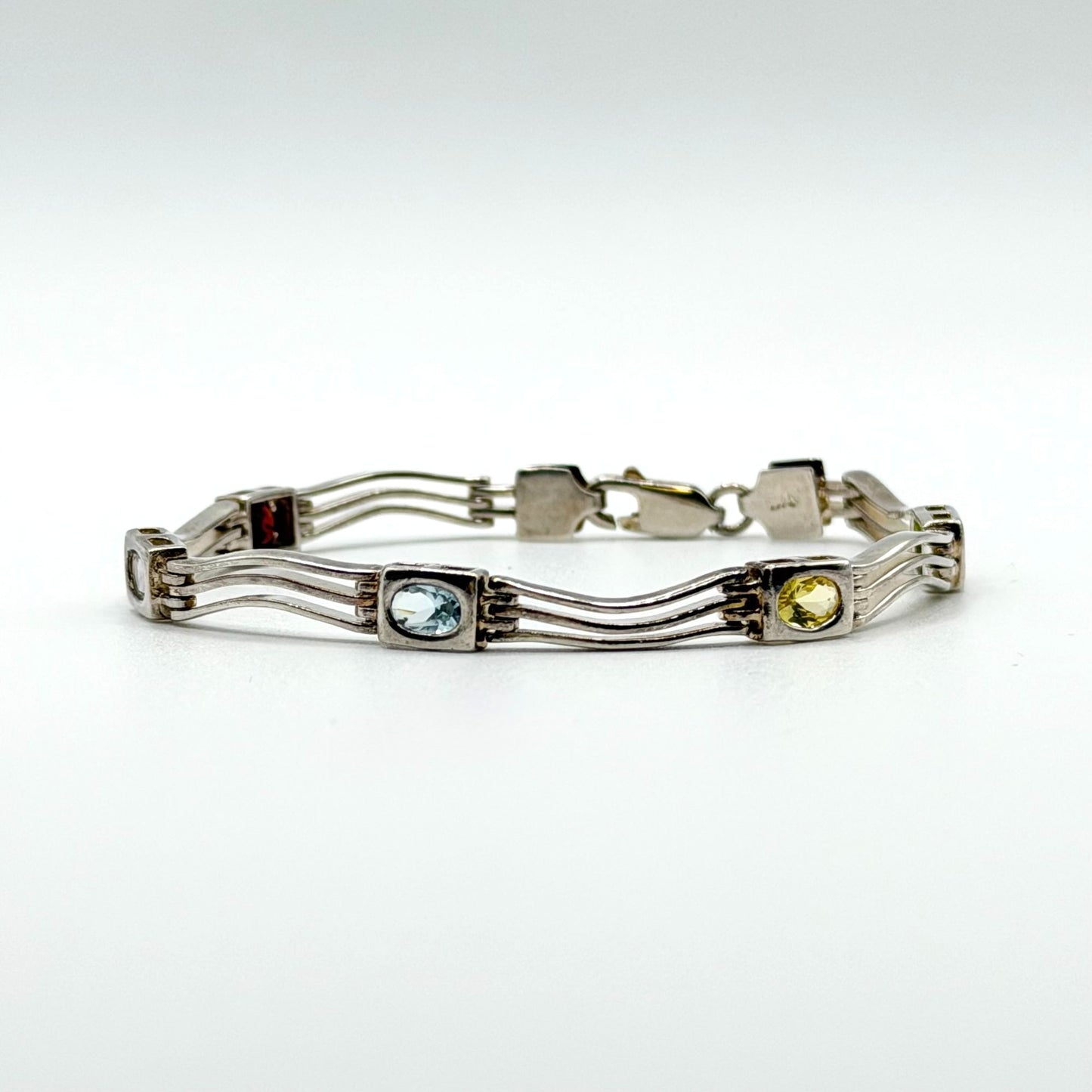 Vintage Sterling Silver Bar Link Bracelet With Topaz Peridot Citrine