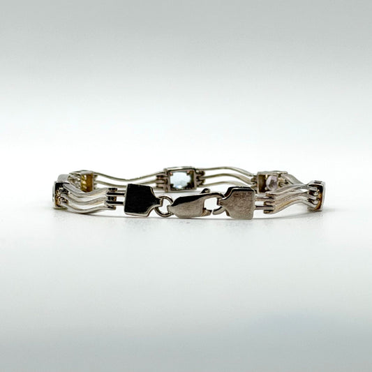Vintage Sterling Silver Bar Link Bracelet With Topaz Peridot Citrine