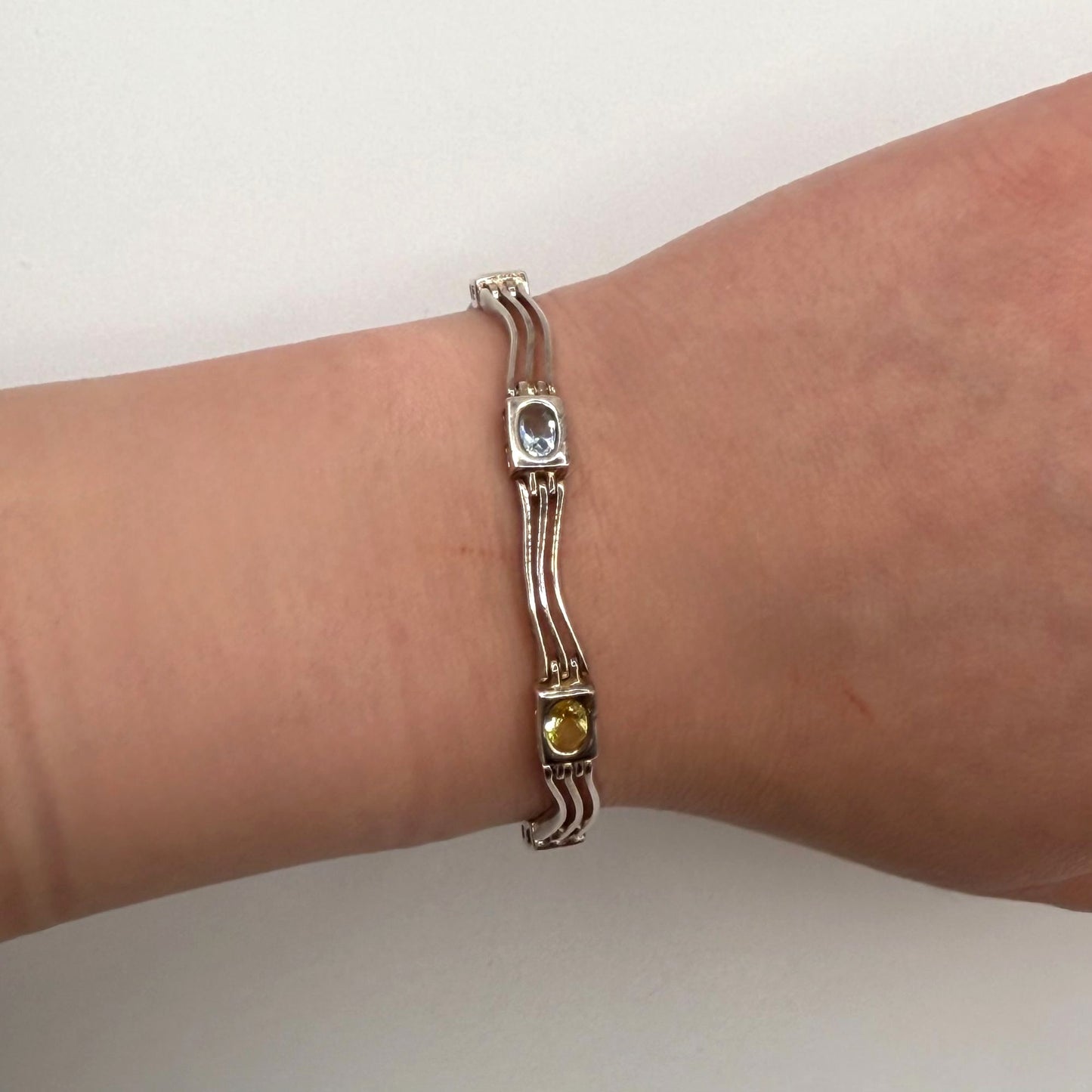Vintage Sterling Silver Bar Link Bracelet With Topaz Peridot Citrine