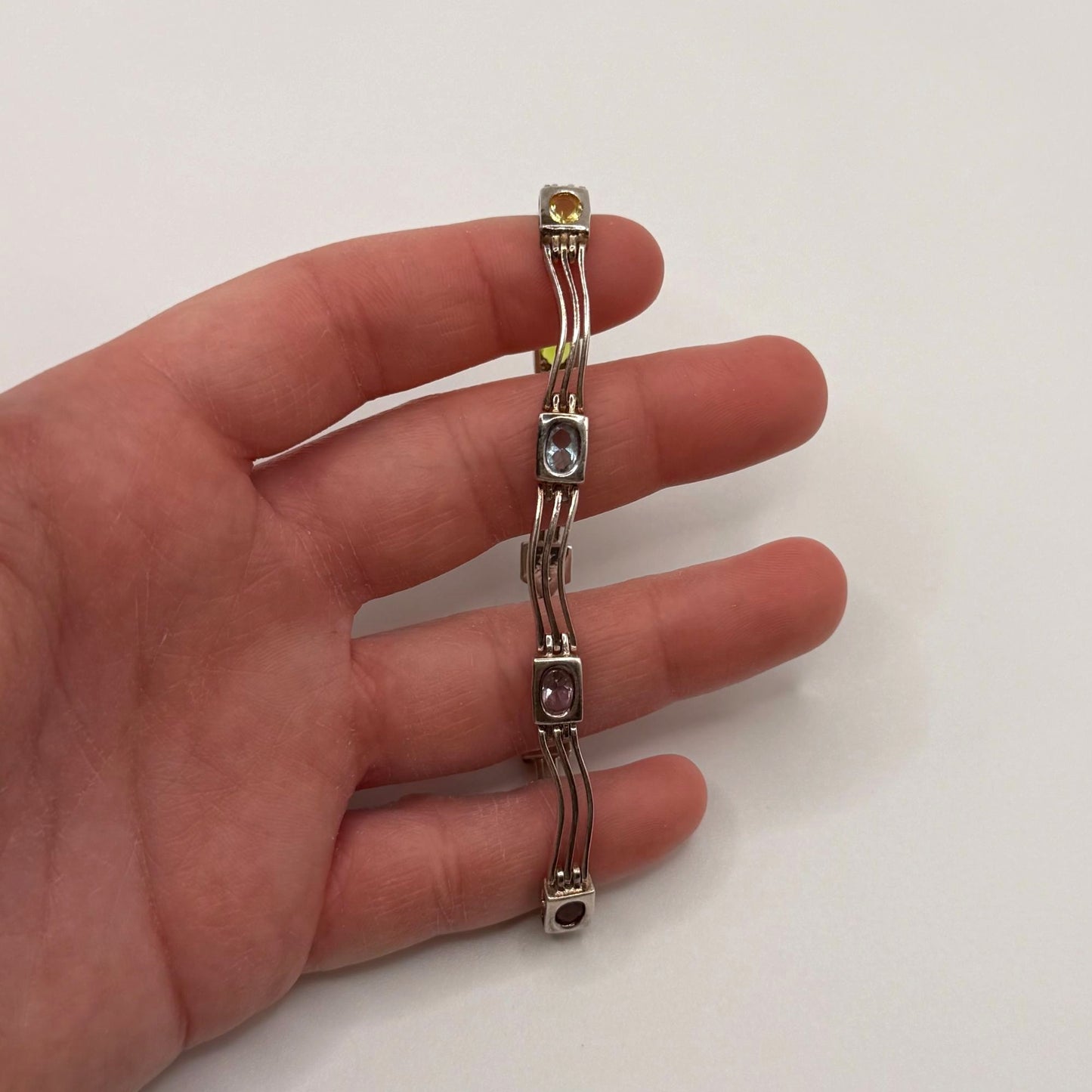 Vintage Sterling Silver Bar Link Bracelet With Topaz Peridot Citrine