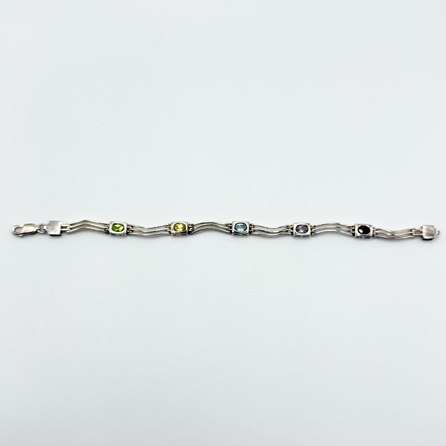 Vintage Sterling Silver Bar Link Bracelet With Topaz Peridot Citrine