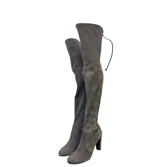 Stuart Weitzman Suede Over-The-Knee Boots Grey With Block Heel & Tie Closure Size 7