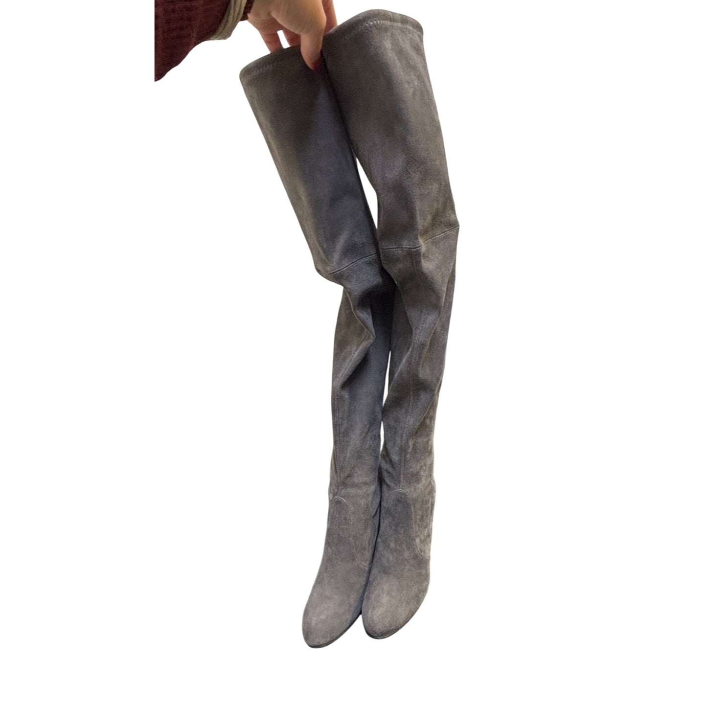 Stuart Weitzman Suede Over-The-Knee Boots Grey With Block Heel & Tie Closure Size 7