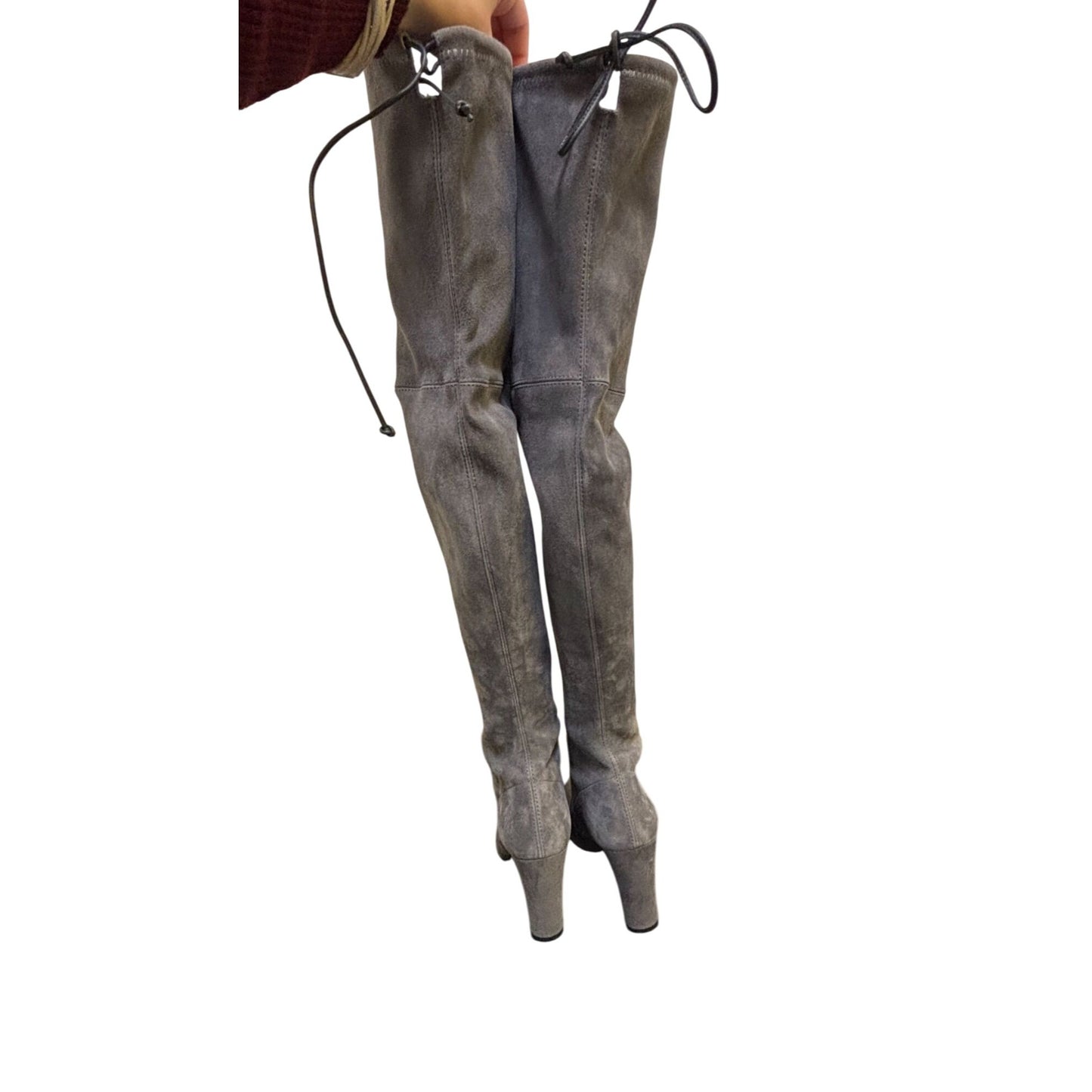 Stuart Weitzman Suede Over-The-Knee Boots Grey With Block Heel & Tie Closure Size 7