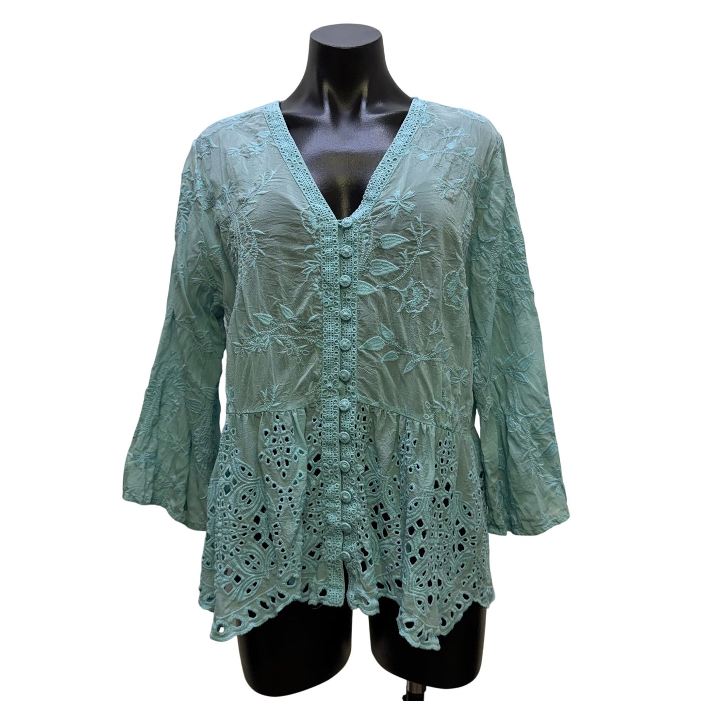 Johnny Was Embroidered Blue Blouse Button Front Tunic XL