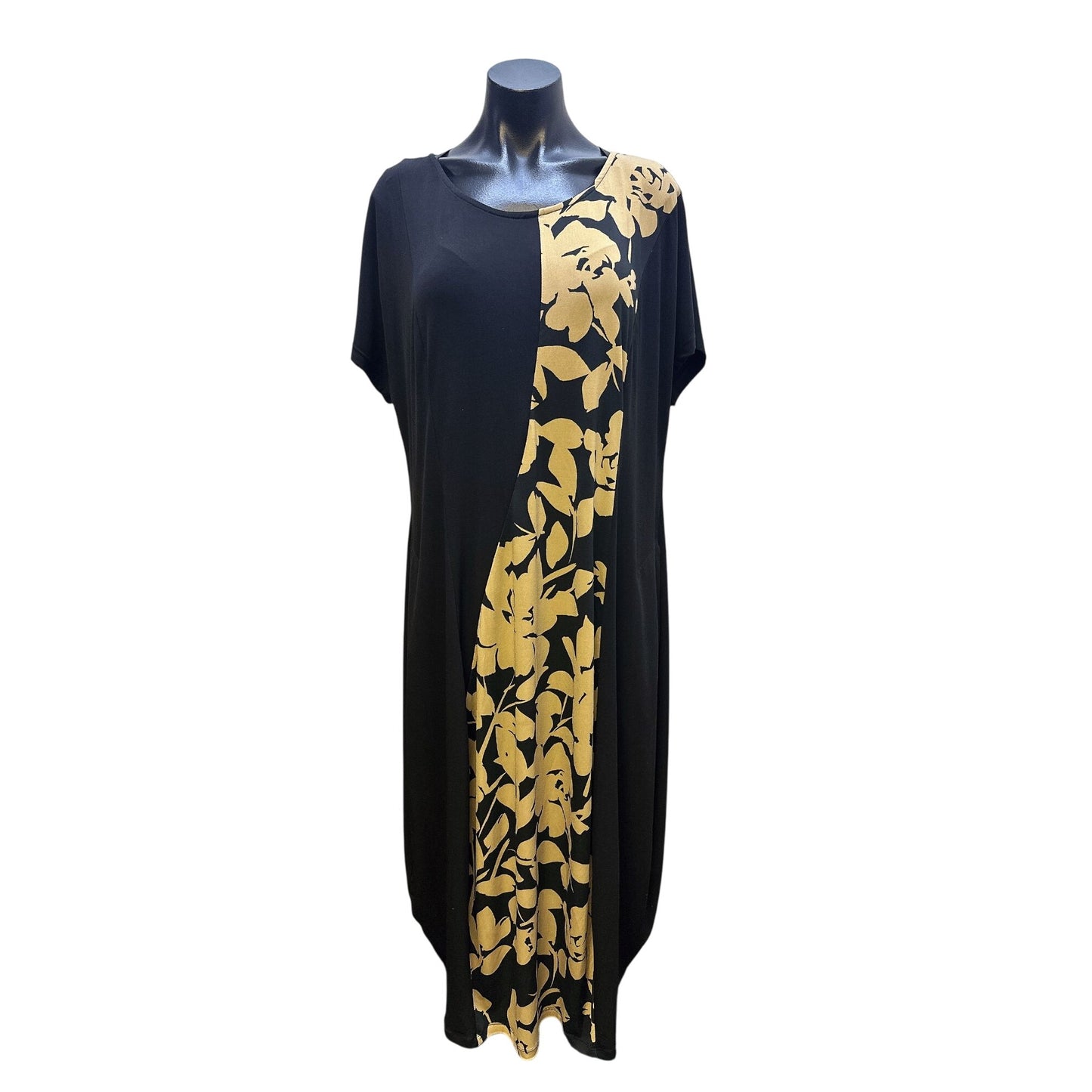 Alembika Black & Tan Floral Print Short Sleeve Maxi Dress Size 14