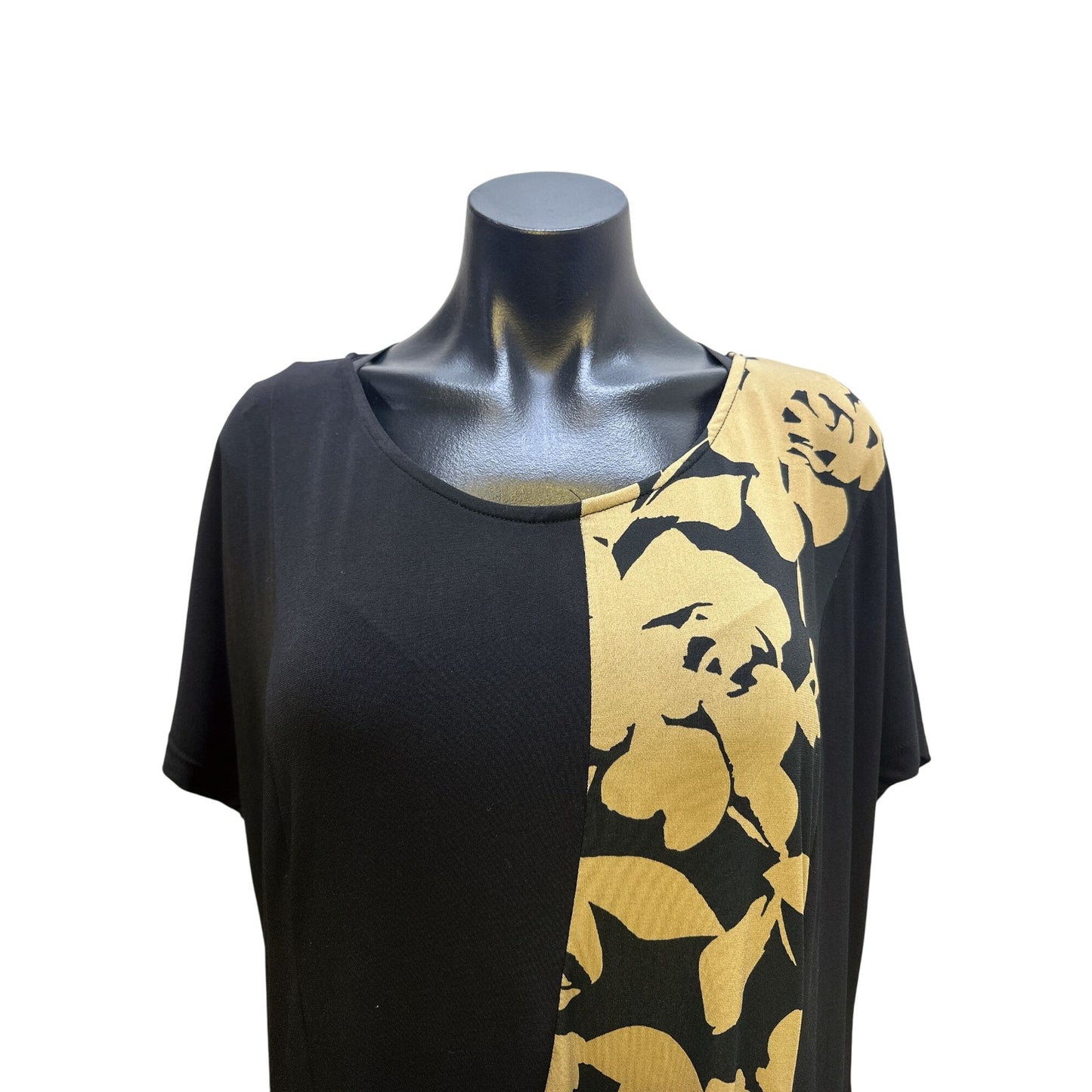Alembika Black & Tan Floral Print Short Sleeve Maxi Dress Size 14