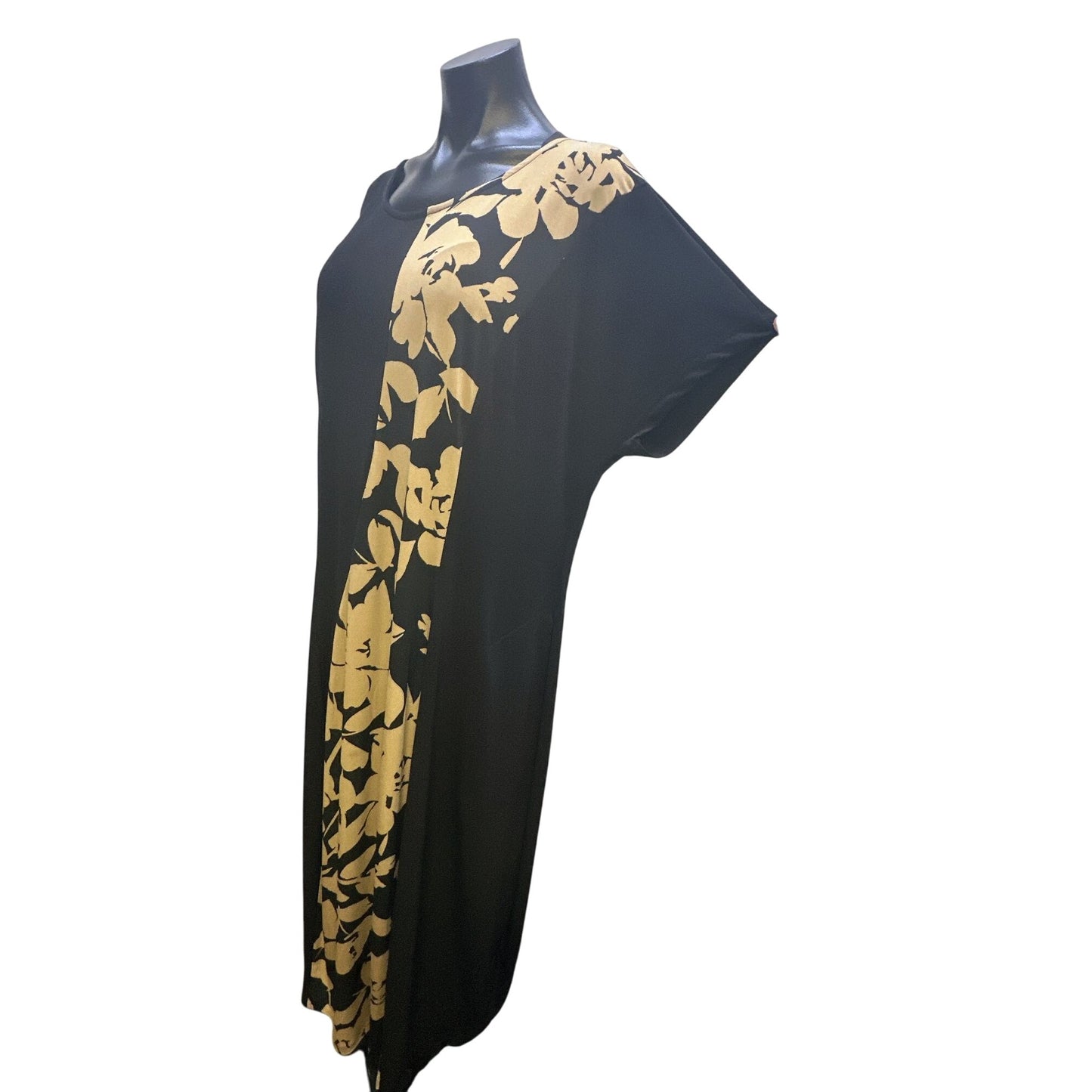 Alembika Black & Tan Floral Print Short Sleeve Maxi Dress Size 14