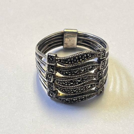 Vintage 925 Sterling Silver Marcasite Multi Row Ring Size 8