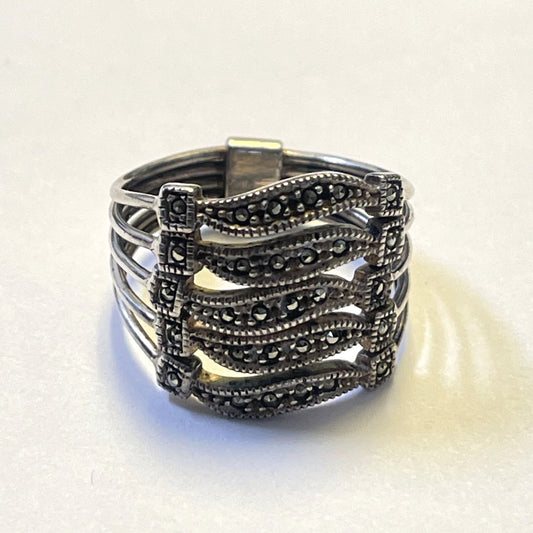 Vintage 925 Sterling Silver Marcasite Multi Row Ring Size 8
