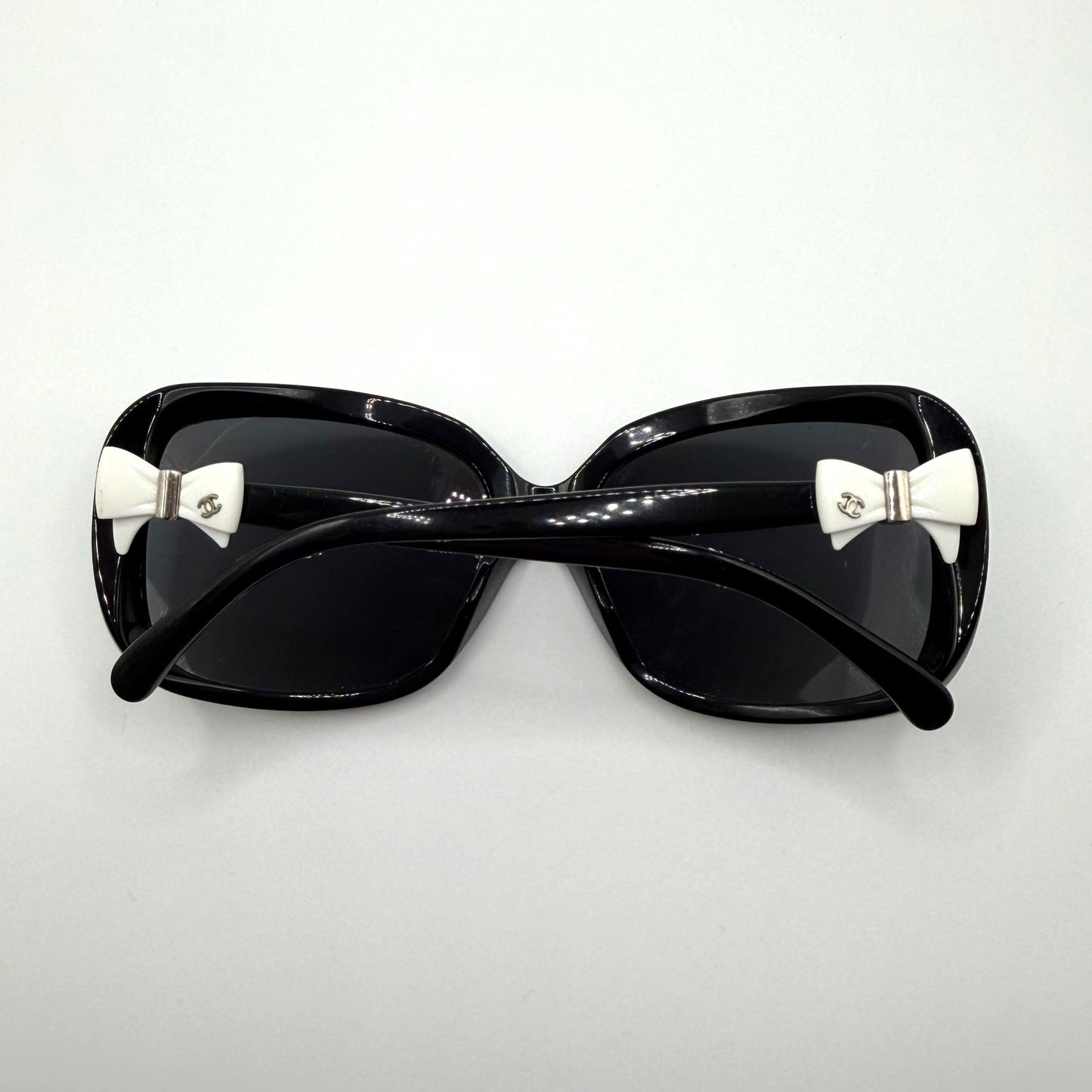 Chanel Ribbon Coco Black Oversized Sunglasses With White Bow Accent