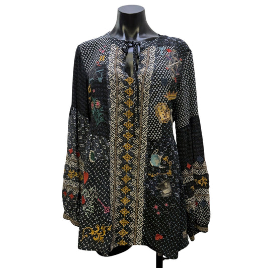 Johnny Was Biya Black Multicolor Embroidered Tunic Blouse XS