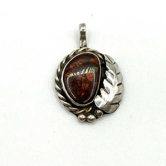 Vintage AJ Sterling Silver Native American Amber Pendant Leaf & Rope Design