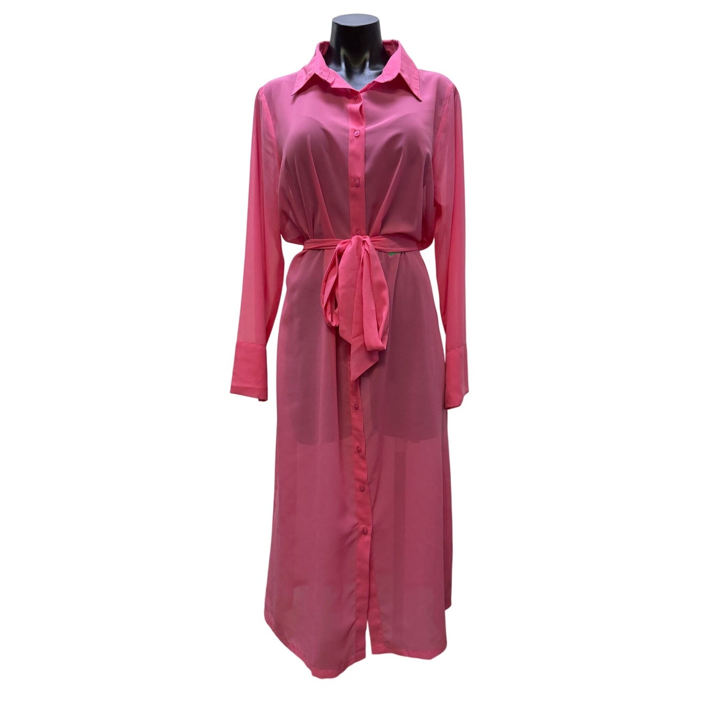 NWT Pia Rossini Sheer Belted Button-Up Pink Shirt Dress M