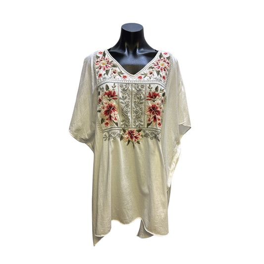 Johnny Was White Embroidered Poncho-Style Blouse w/Floral Design Size L