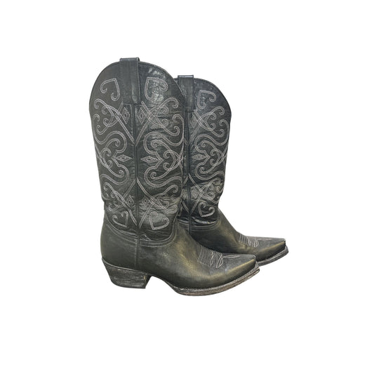Cavenders Black Western Cowboy Boots w/White Embroidered Heart & Swirl Design Size 8