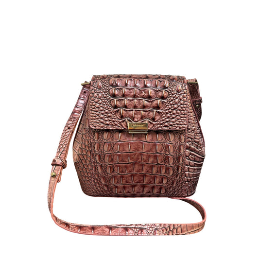 Brahmin Croc-Embossed Leather Shoulder Bag Deep Rose With Adjustable Strap