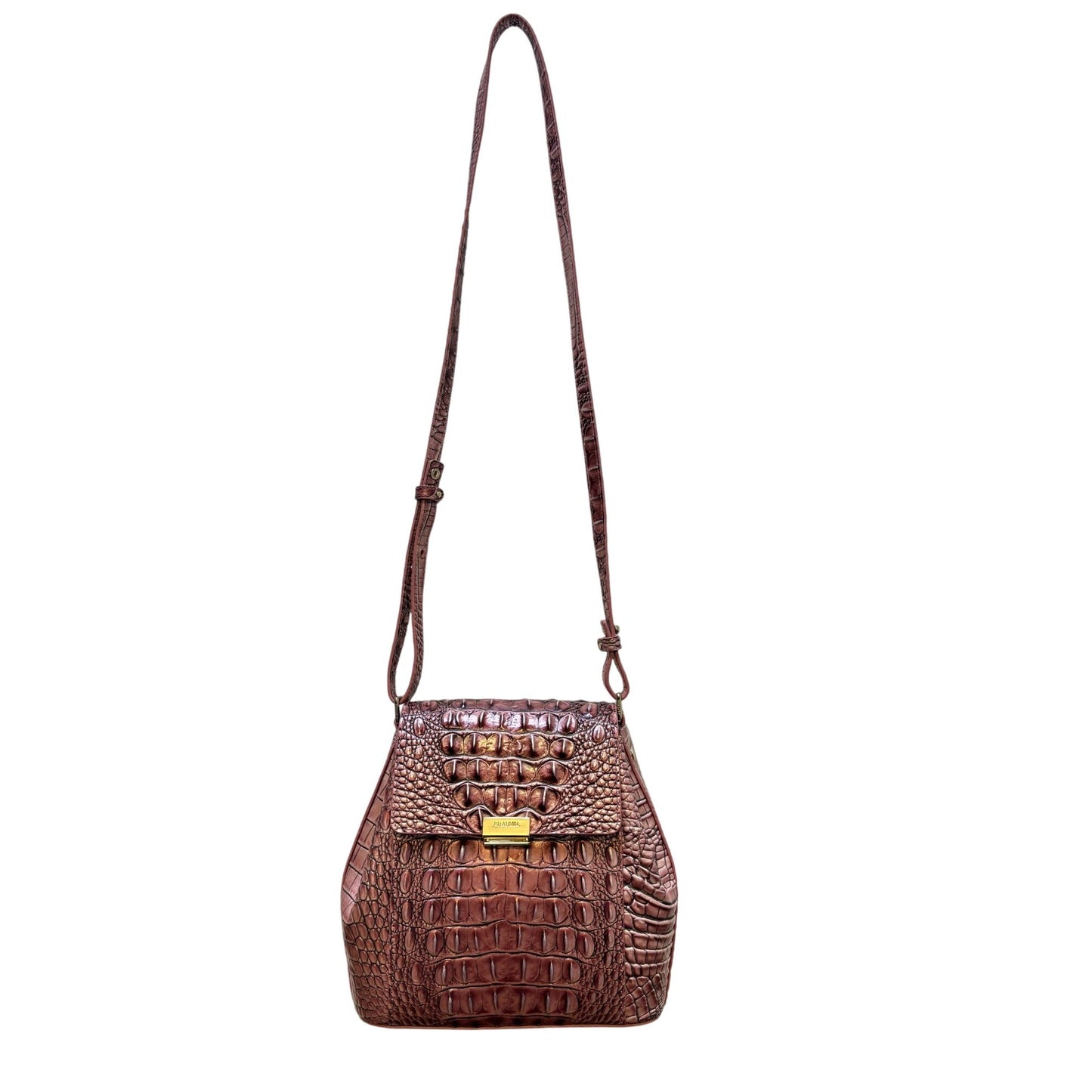 Brahmin Croc-Embossed Leather Shoulder Bag Deep Rose With Adjustable Strap
