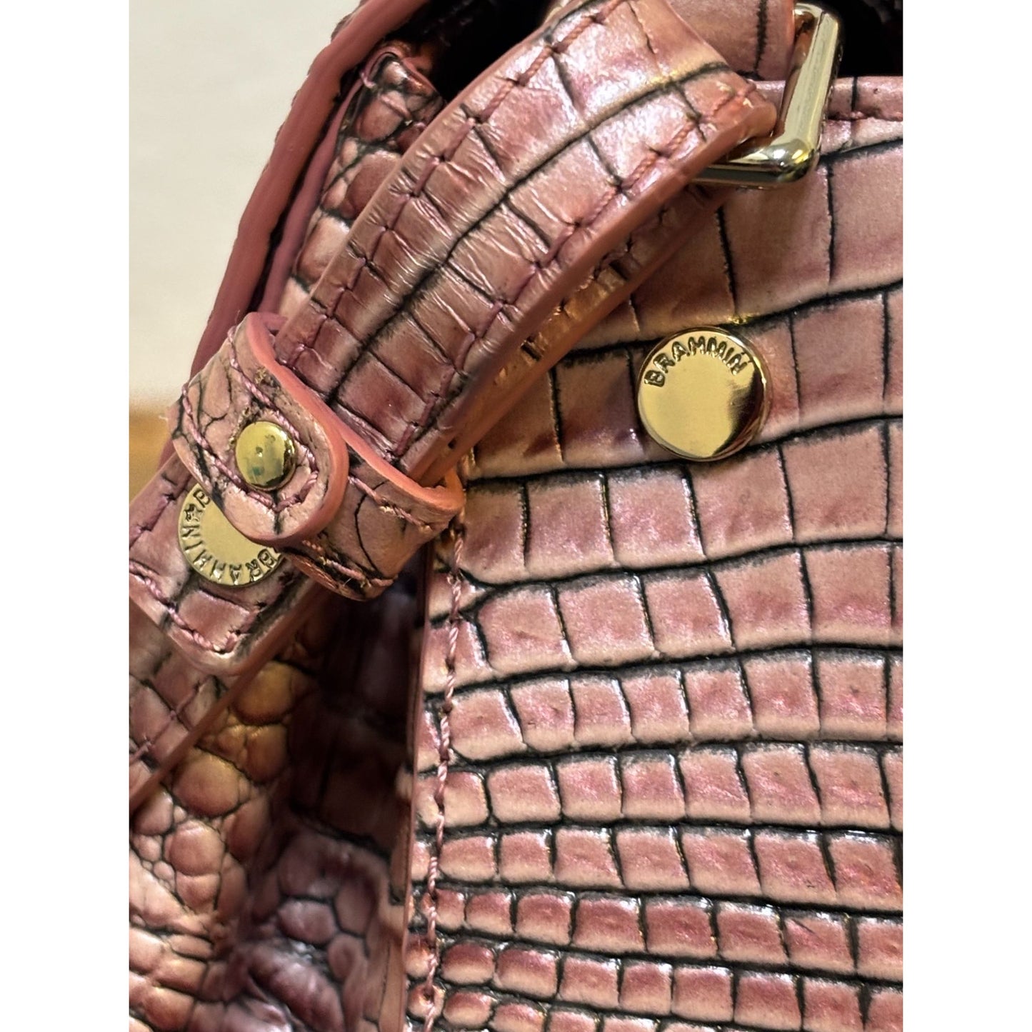 Brahmin Croc-Embossed Leather Shoulder Bag Deep Rose With Adjustable Strap