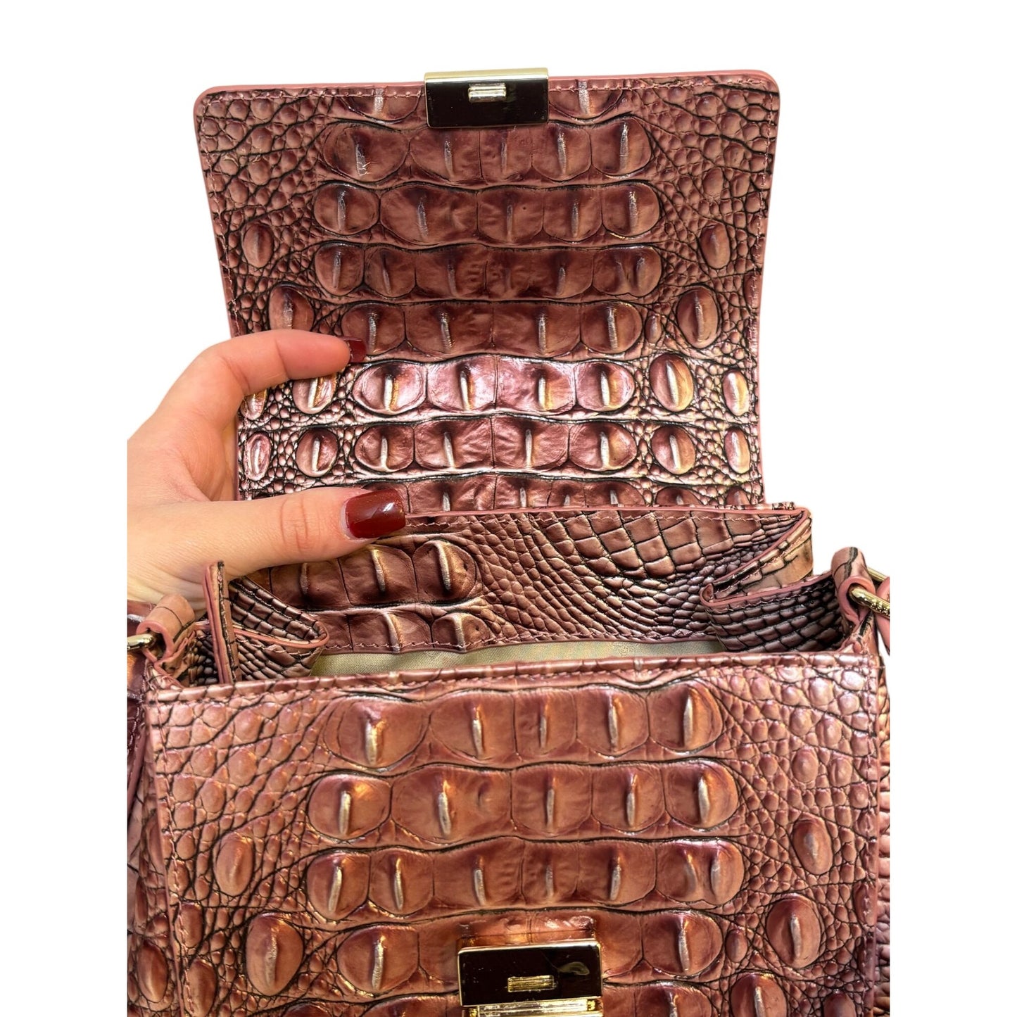 Brahmin Croc-Embossed Leather Shoulder Bag Deep Rose With Adjustable Strap