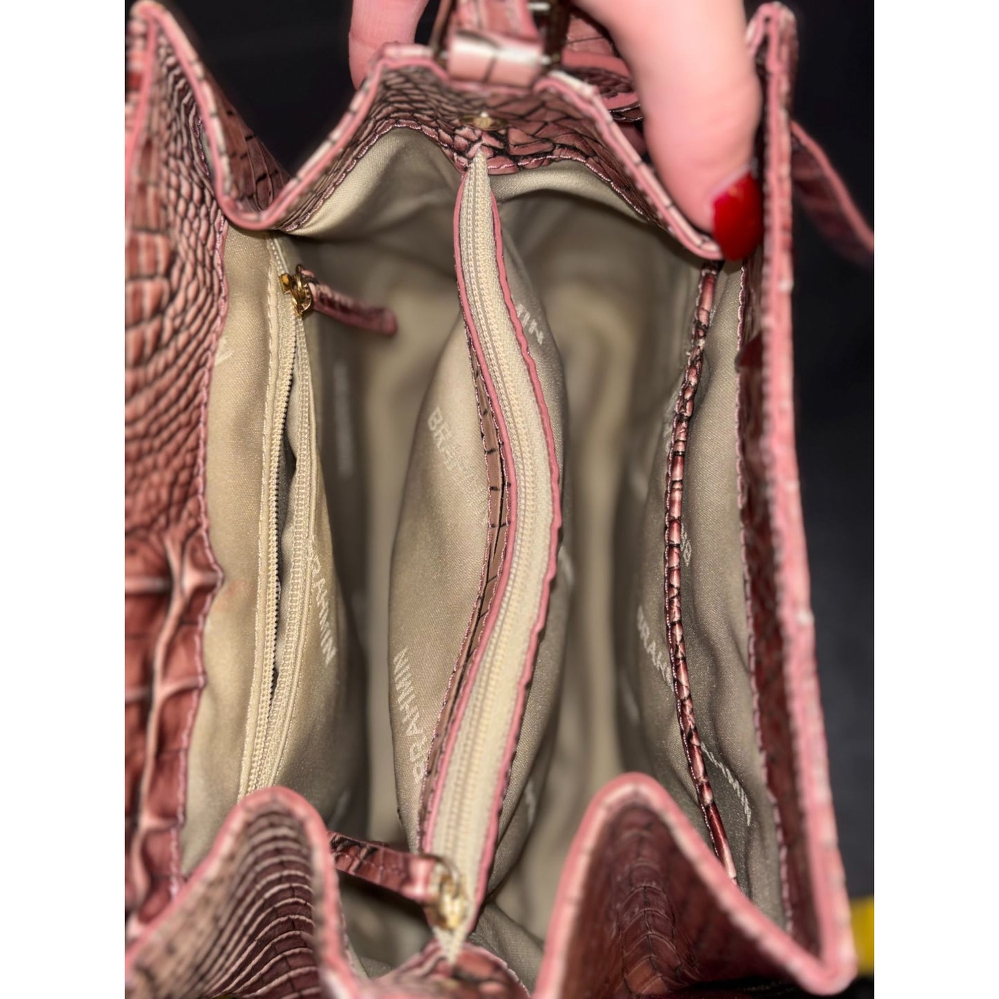 Brahmin Croc-Embossed Leather Shoulder Bag Deep Rose With Adjustable Strap