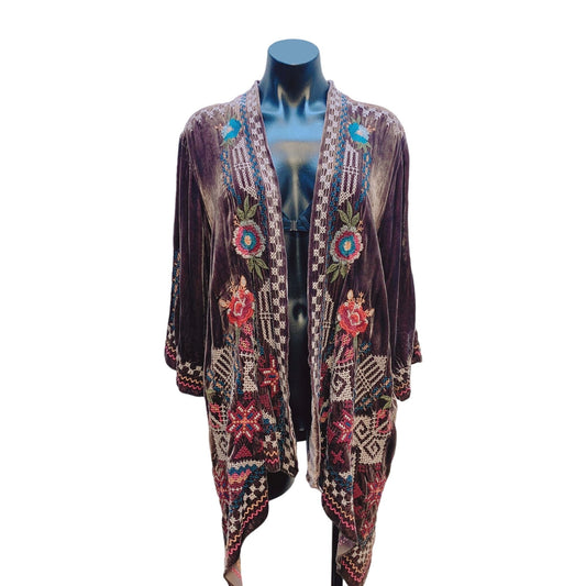 NEW WITH TAGS Johnny Was Brown w/Multicolored Embroidery Dani Velvet Drape Cardigan Size Large