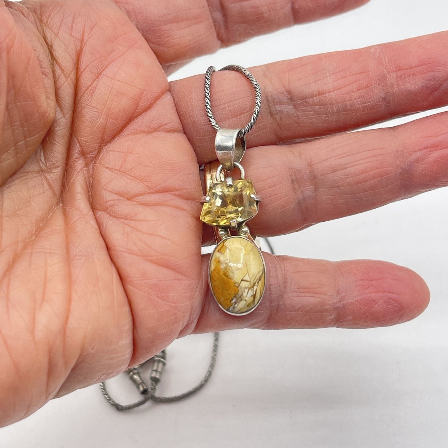 Handcrafted 925 Sterling Silver Necklace With Citrine & Jasper Pendant