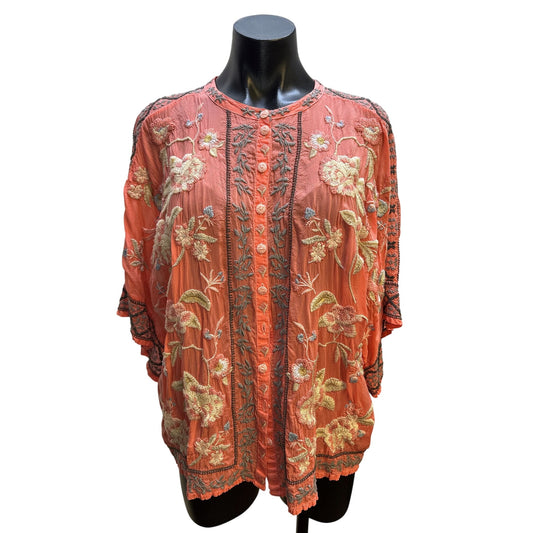 Johnny Was Vintage Coral Embroidered Kimono Top W/ Floral Patterns Size L