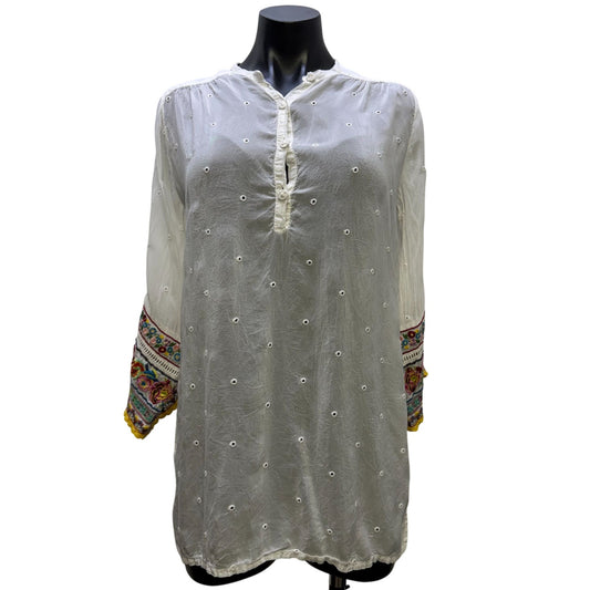 Johnny Was White Embroidered Blouse Multicolor Long Sleeves XS