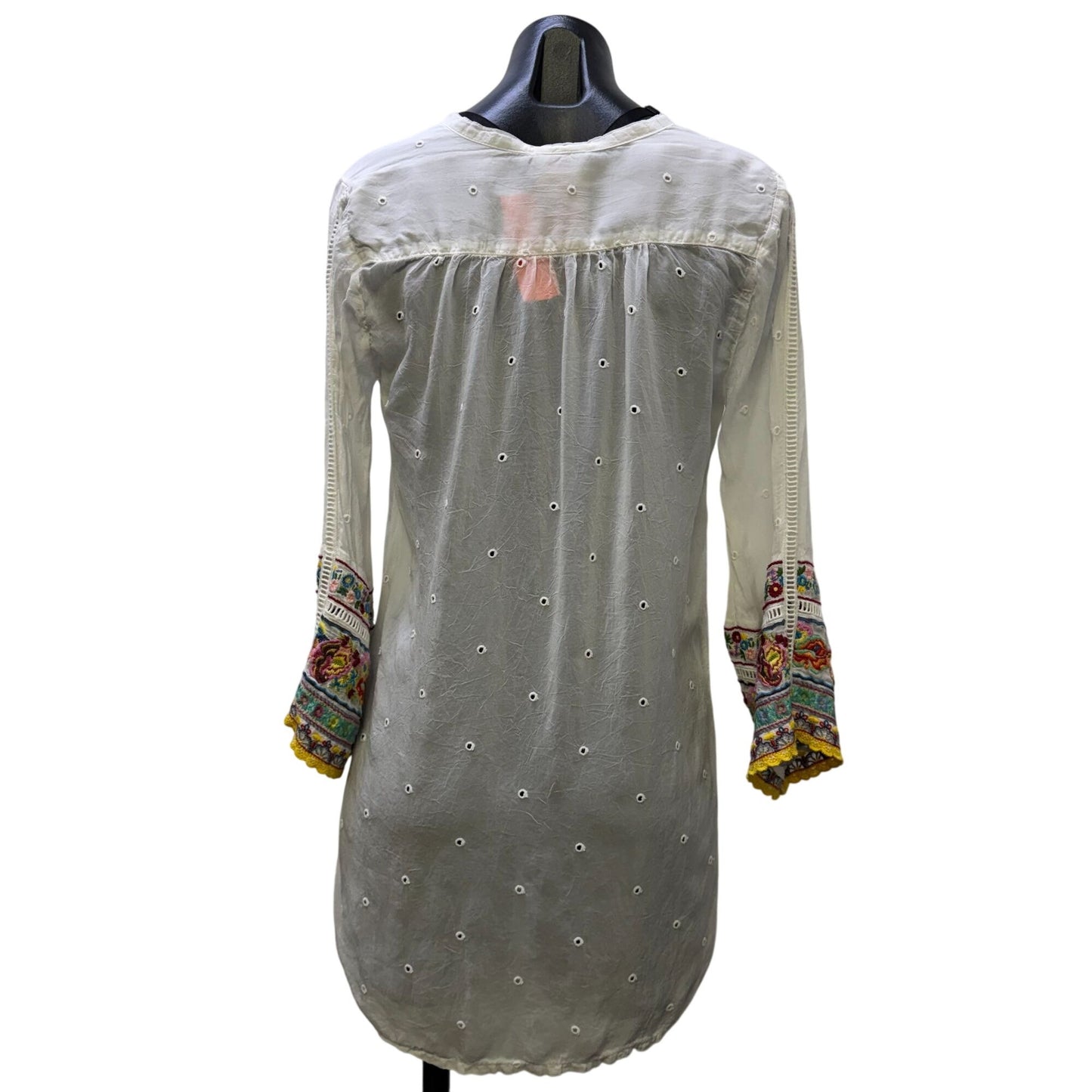 Johnny Was White Embroidered Blouse Multicolor Long Sleeves XS