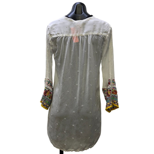 Johnny Was White Embroidered Blouse Multicolor Long Sleeves XS