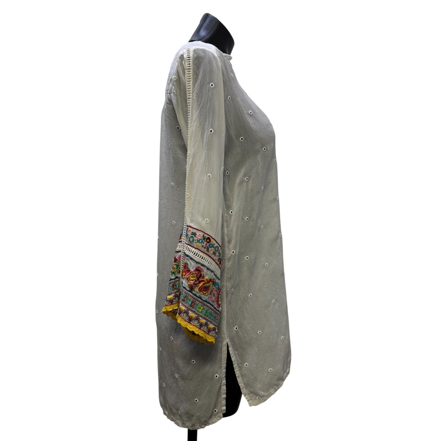 Johnny Was White Embroidered Blouse Multicolor Long Sleeves XS