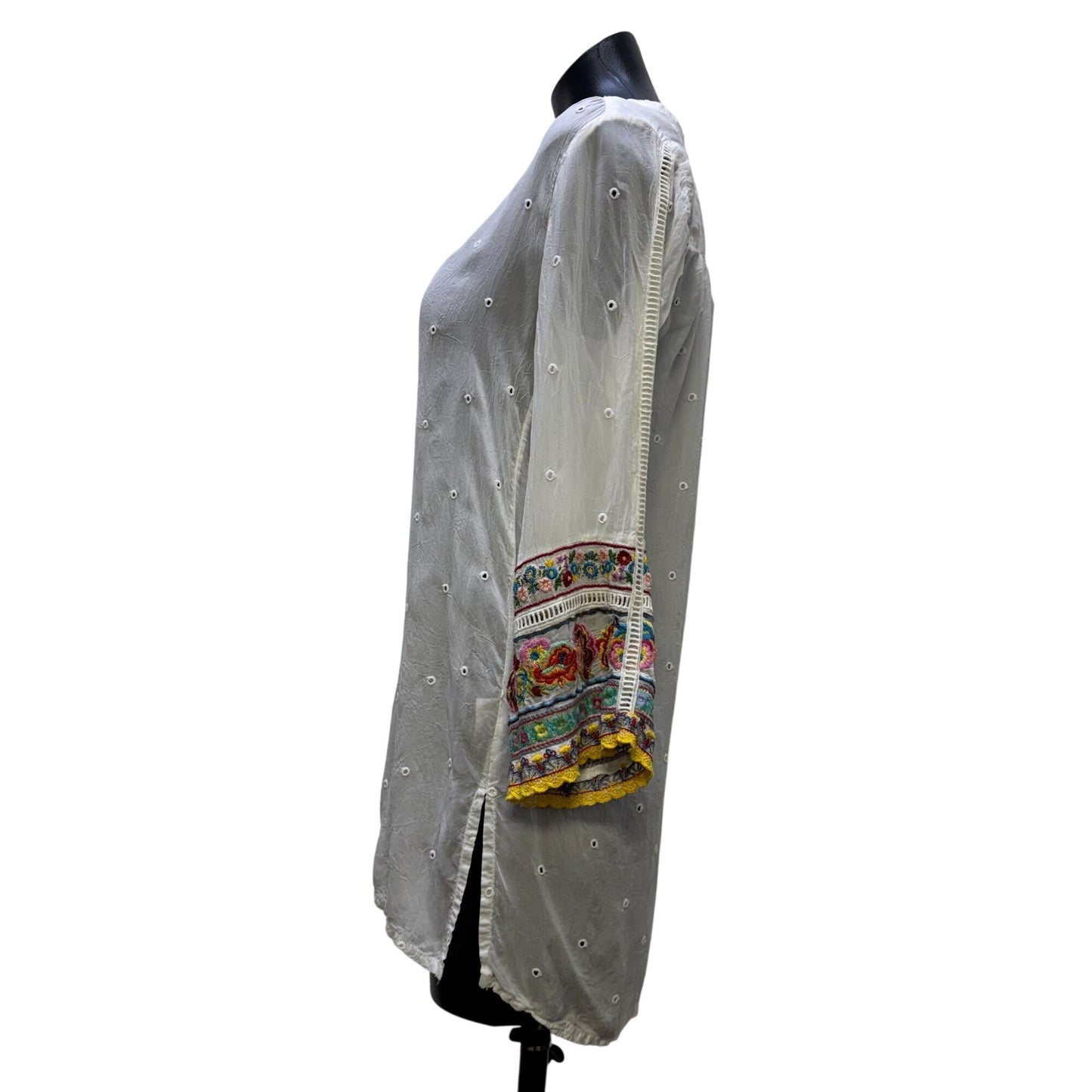 Johnny Was White Embroidered Blouse Multicolor Long Sleeves XS