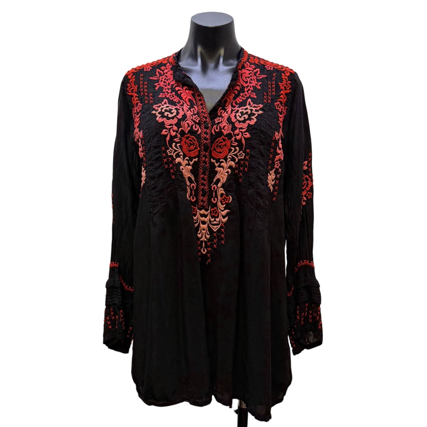 Johnny Was Embroidered Black & Red Long Sleeve Blouse Size L