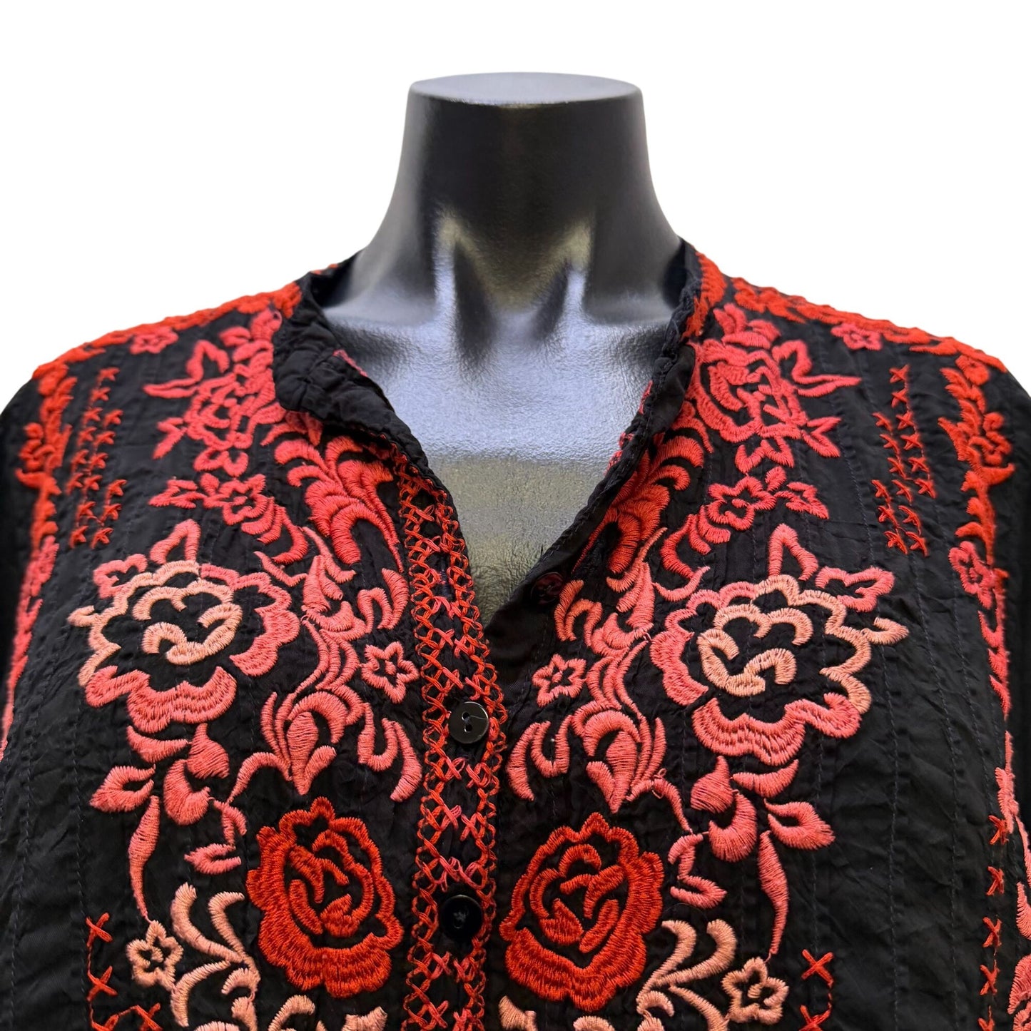 Johnny Was Embroidered Black & Red Long Sleeve Blouse Size L
