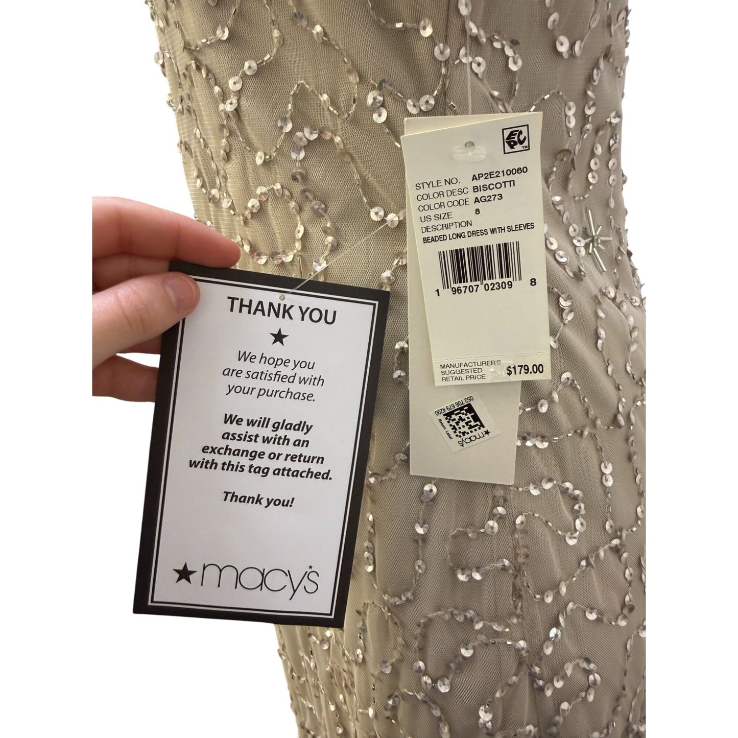 NWT Adrianna Papell Beaded Long Dress With Sleeves Cream Size 8