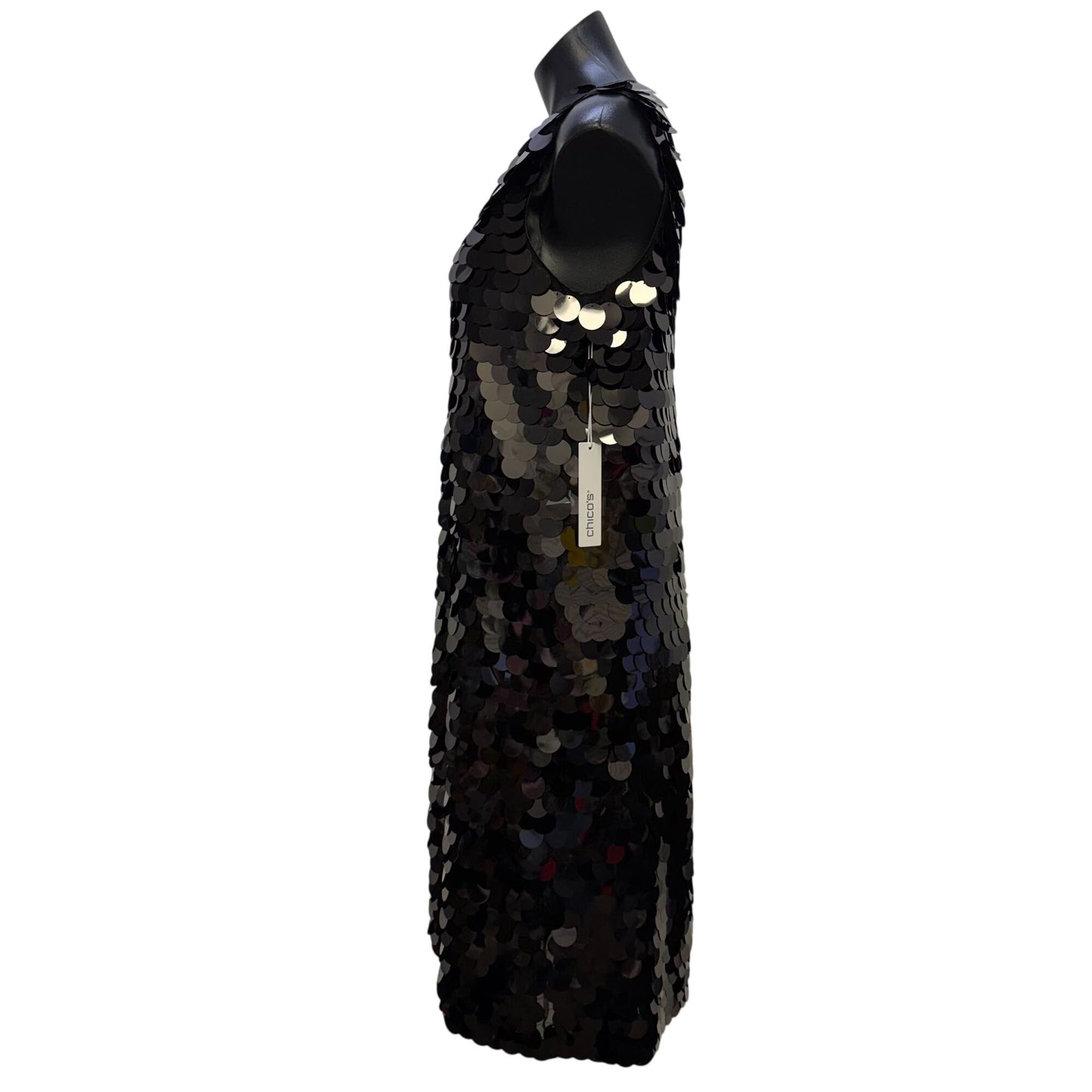 NWT Chico's Black Sleeveless Midi Dress With Large Sequins Size 1.5