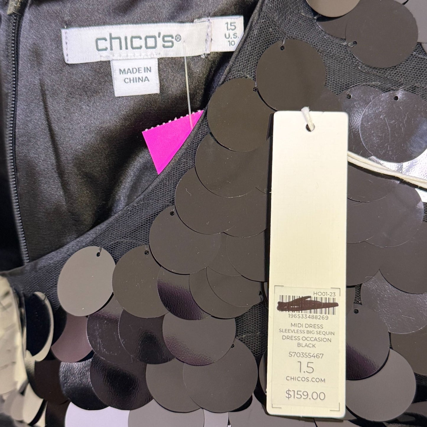 NWT Chico's Black Sleeveless Midi Dress With Large Sequins Size 1.5