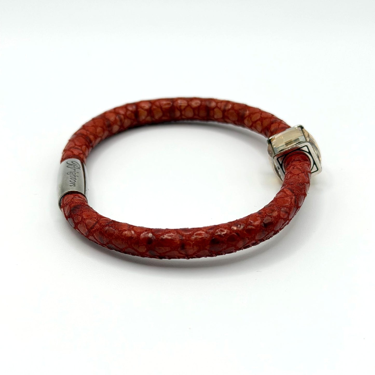 Brighton Red Leather Bracelet With Crystal Bead Accent Magnetic Clasp